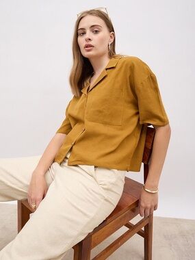 Open Edit Nordstrom Satin Camp Short Sleeve Mustard Shirt